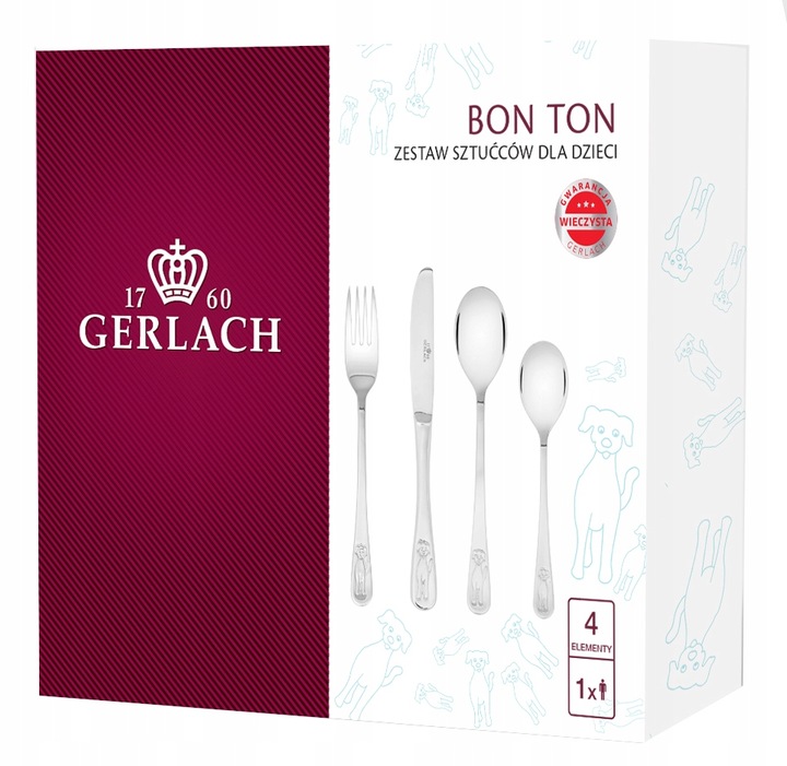 GERLACH SZTUĆCE DZIECI DZIECIĘCE KOMPLET 4EL PIESKI STAL NIERDZEWNA BON TON