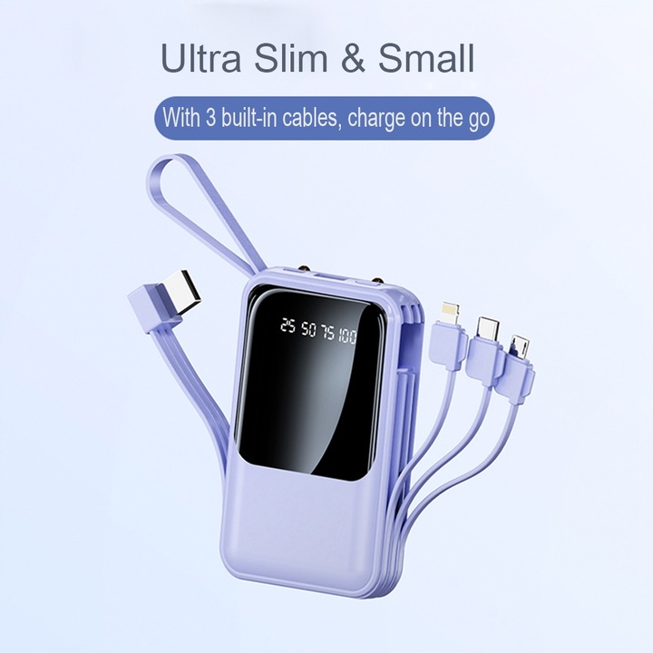 POWER BANK 10000MAH USB/USB-C QC PD WBUDOWANY KABEL Wyświetlacz cyfrowy