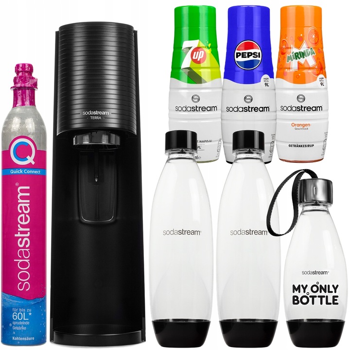 SATURATOR DO WODY SODASTREAM TERRA CZARNY 3 BUTELKI + 3 SYROPY + CYLINDER