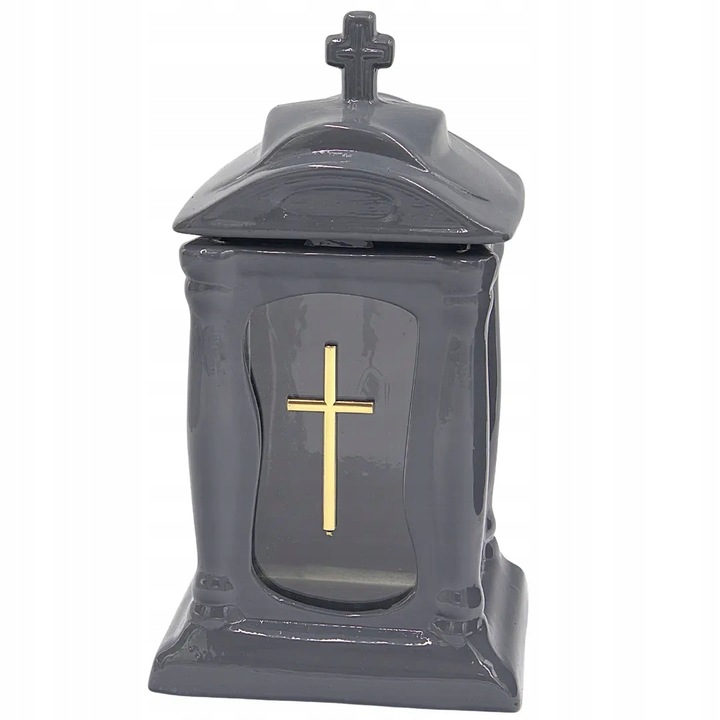 Znicz ceramiczny zegar ZC19 grafitowy ze złotym krzyżem kapliczka cmentarz
