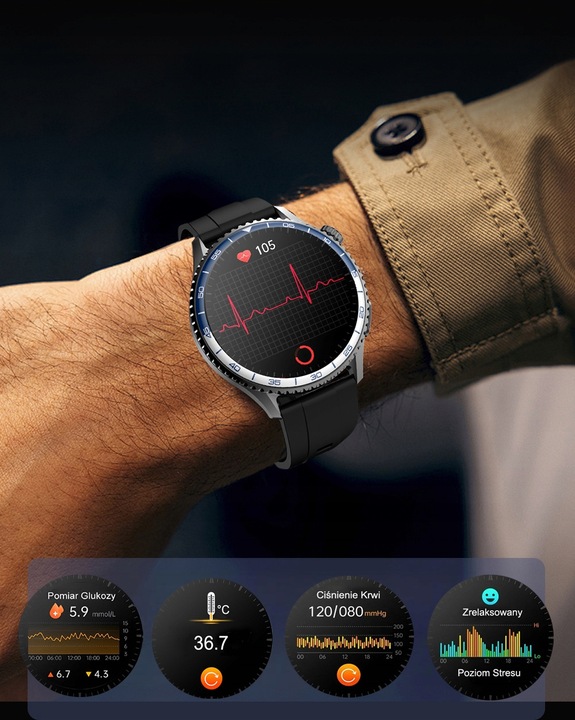 ZEGAREK SMARTWATCH EKG LATARKA AMOLED POMIAR GLUKOZY CIŚNIENIOMIERZ HRV