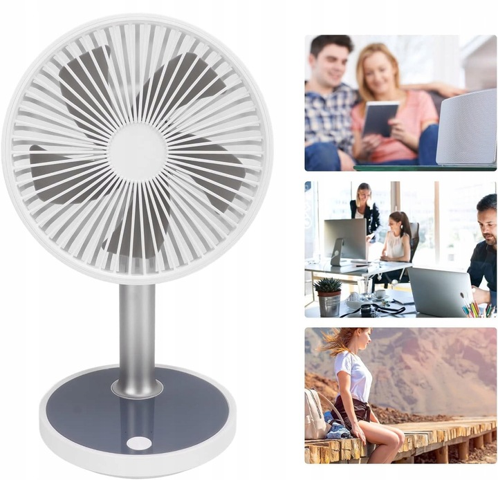 Wentylator wiatrak biurkowy cichy stojący 30cm biały USB LED akumulator