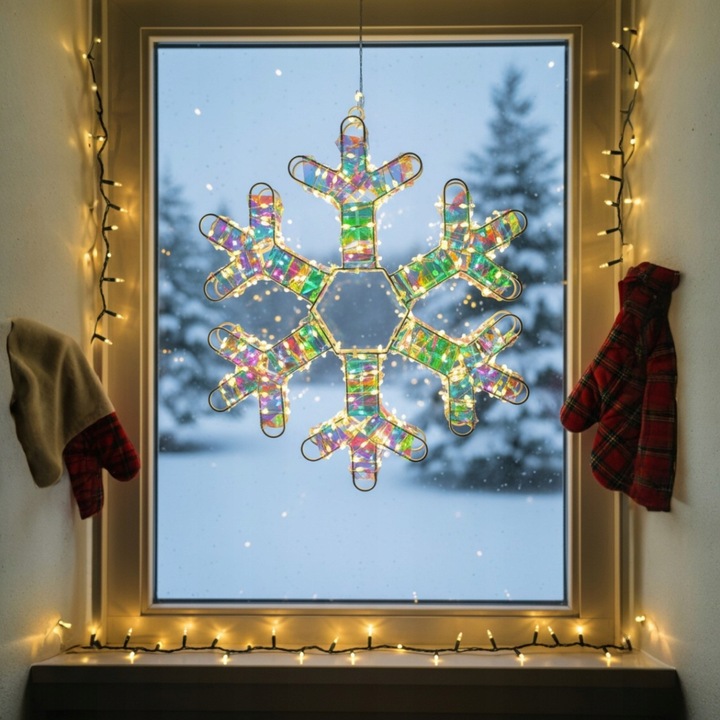 Ozdoba Do Okna Wisząca Śnieżynka Świąteczna LED Świecąca z Obu Stron 8 tryb