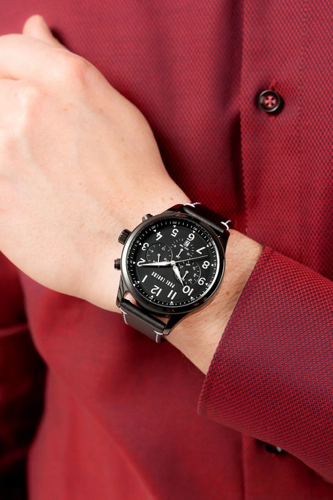 Skórzany zegarek męski Paul Lorens BAYAS z datownikiem -czas dobowy +GRAWER