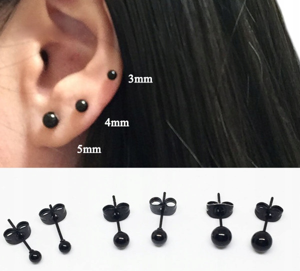 KOLCZYKI CZARNE KULKI 3 PARY STAL CHIRURGICZNA 3,4,5 mm