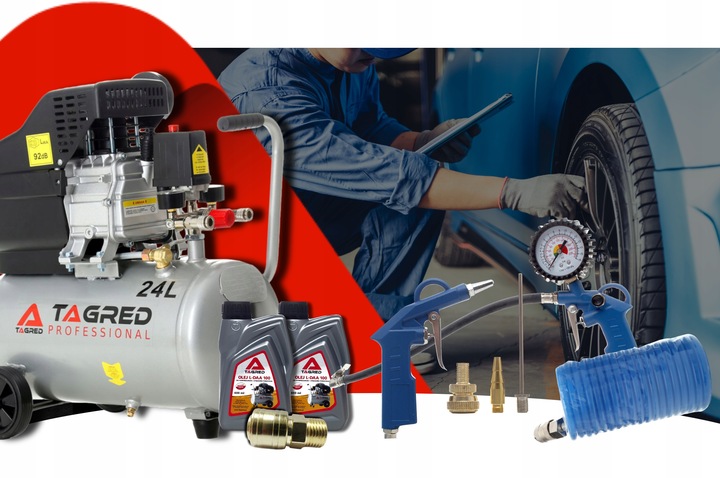 SPRĘŻARKA POWIETRZA KOMPRESOR OLEJOWY 3,4KM 24L + ZESTAW PNEUMATYCZNY