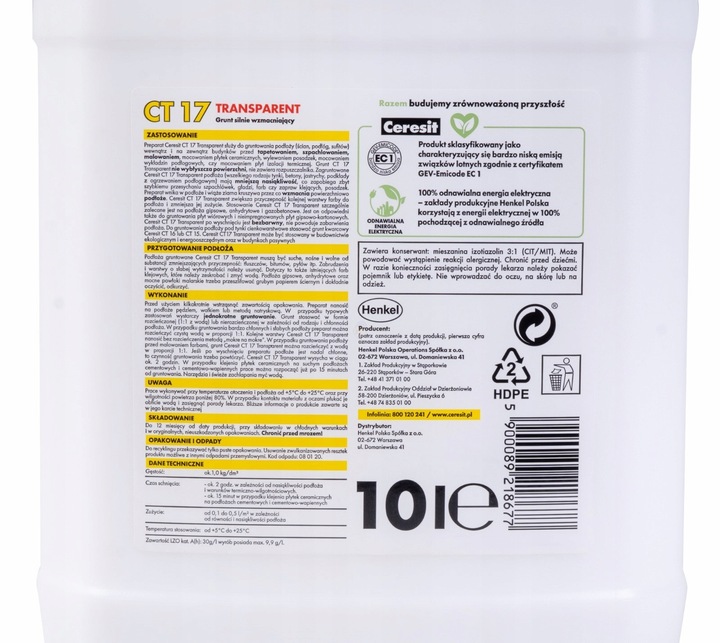 GRUNT GŁĘBOKO PENETRUJĄCY TRANSPARENT CT17 10L