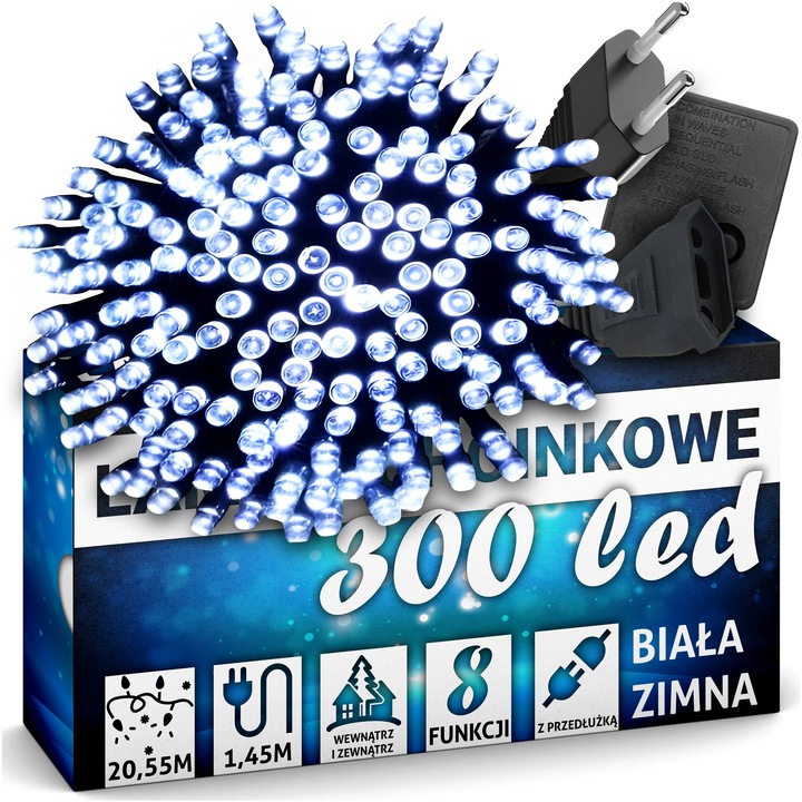 LAMPKI CHOINKOWE BIAŁY ZIMNY 300 LED WEW/ZEW NA CHOINKĘ 22 METRY 8 TRYBÓW