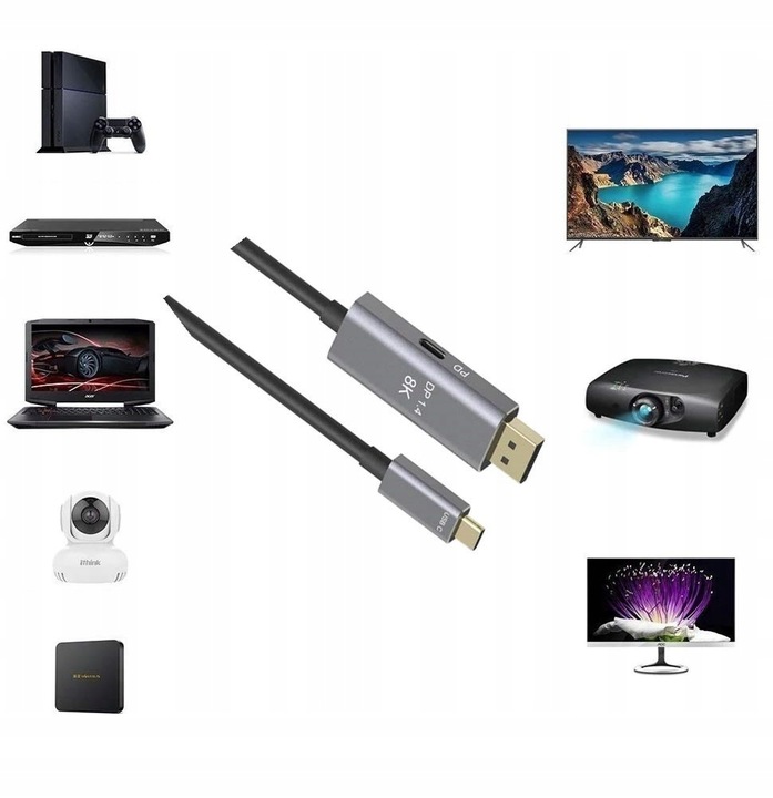 Kabel USB C do Displayport DP 1.4 8K 4K 240 Hz Mac
