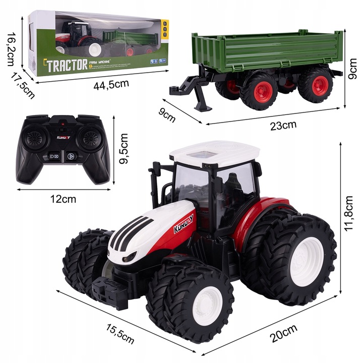 TRAKTOR ZDALNIE STEROWANY DUŻY Z PRZYCZEPĄ RC CIĄGNIK 42cm ładowanie USB