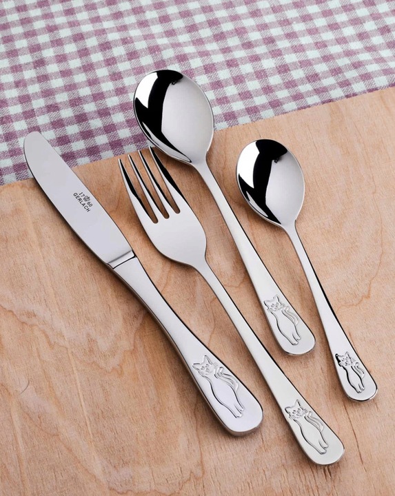 GERLACH SZTUĆCE DZIECI DZIECIĘCE KOMPLET 4EL KOTKI STAL NIERDZEWNA BON TON