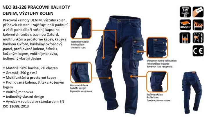 SPODNIE ROBOCZE DENIM BAWEŁNA/ELASTAN WZMACNIANE ROZMIAR L NEO TOOLS 81-228
