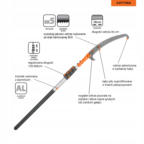 PIŁA DO CIĘCIA GAŁĘZI DREWNA NA WYSIĘGNIKU Z HAKIEM TELESKOPOWA 3M RĘKAWICE