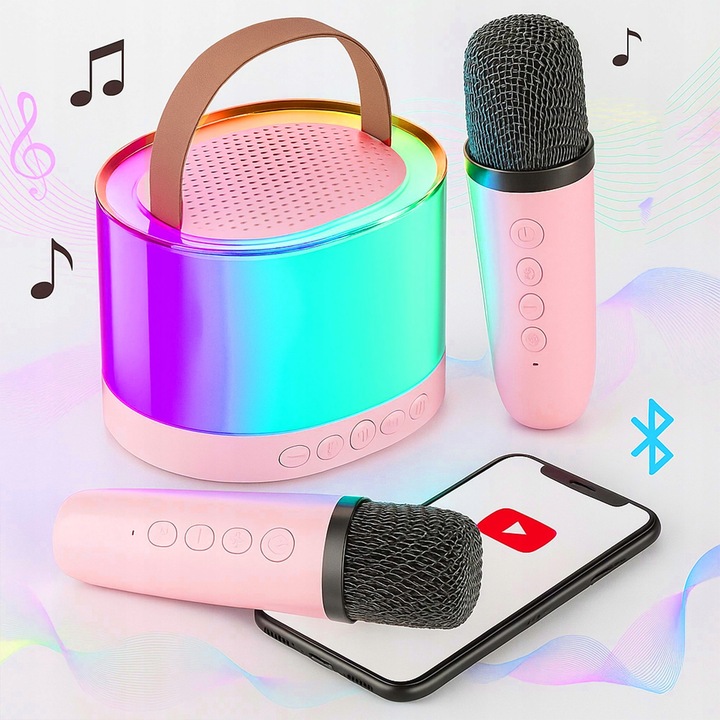 MIKROFON GŁOŚNIK BEZPRZEWODOWY RGB ZESTAW DO KARAOKE BLUETOOTH 2 MIKROFONY