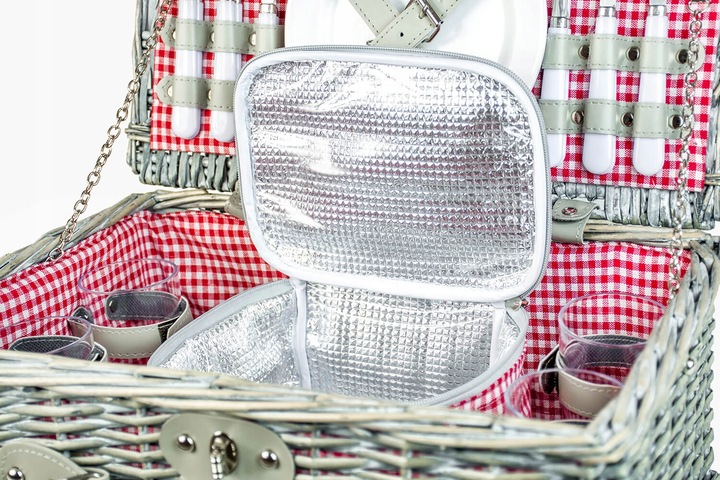 Duży kosz piknikowy z zestawem sztućców talerzy dla 4 osób biała wiklina