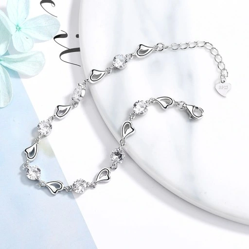 Bransoletka Damska Srebrna Łańcuszki Serduszka Heart Kryształki Na Prezent