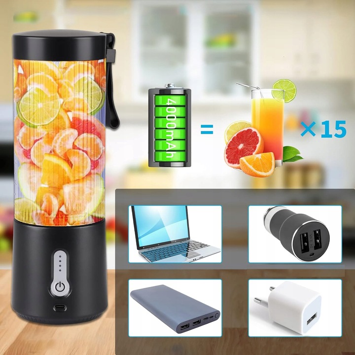 Blender do Koktajli 450ml z 6 Nierdzewnymi Żmijkami i 2000mAh Baterią