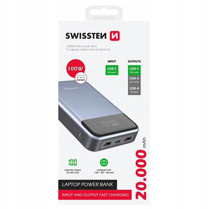 Powerbank 20000 mAh 100W do laptopa smartfona 2x USB-A 1x USB-C KOMPAKTOWY