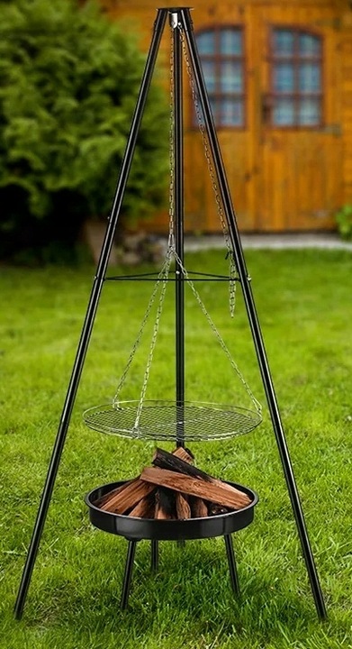 PALENISKO TRÓJNÓG GRILL OGRODOWY OGNISKOWY WISZĄCY DUŻY RUSZT CHROMOWANY 50