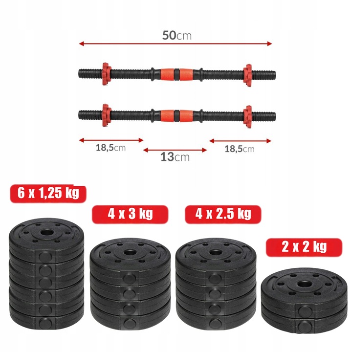 HANTLE ZESTAW HANTLI REGULOWANYCH DO ĆWICZEŃ 35 kg + SZTANGA