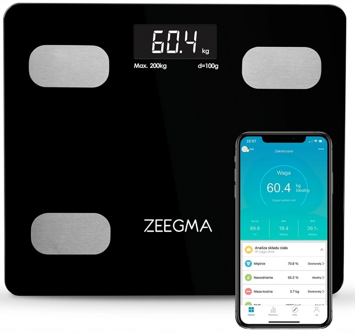 INTELIGENTNA WAGA ŁAZIENKOWA BLUETOOTH ANALITYCZNA APLIKACJA ZEEGMA 17W1