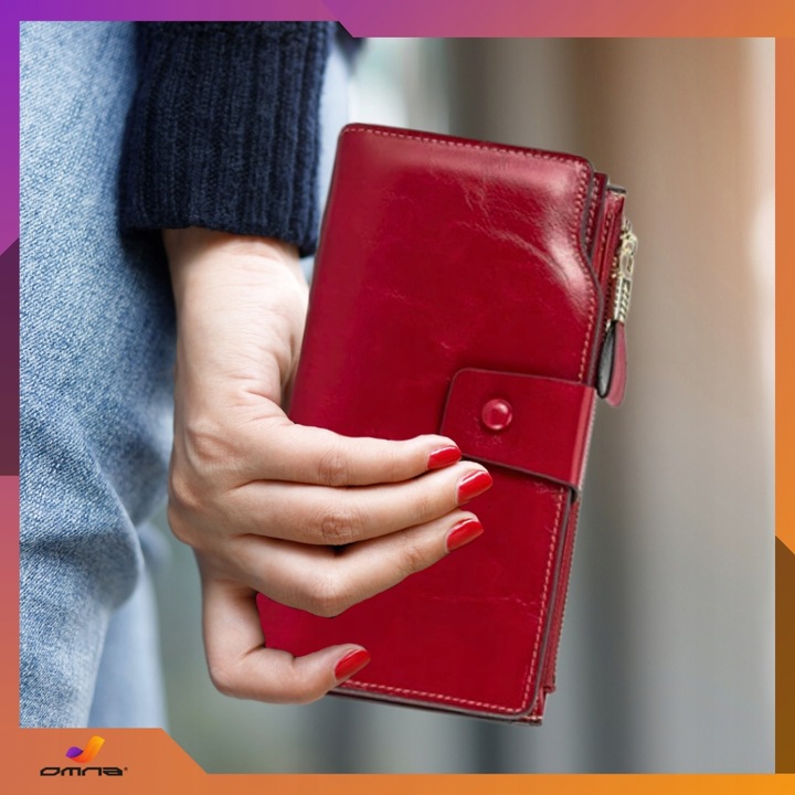 Portfel damski skórzany duży lakierowany pojemny RFID z paskiem czerwony