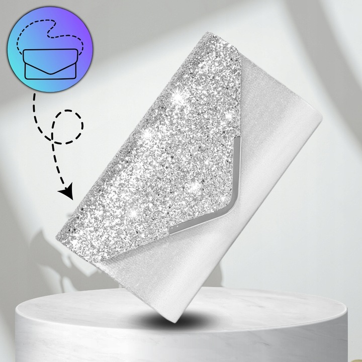 Srebrna Torebka Kopertówka Błyszcząca Wizytowa Damska portfel łańcuszek