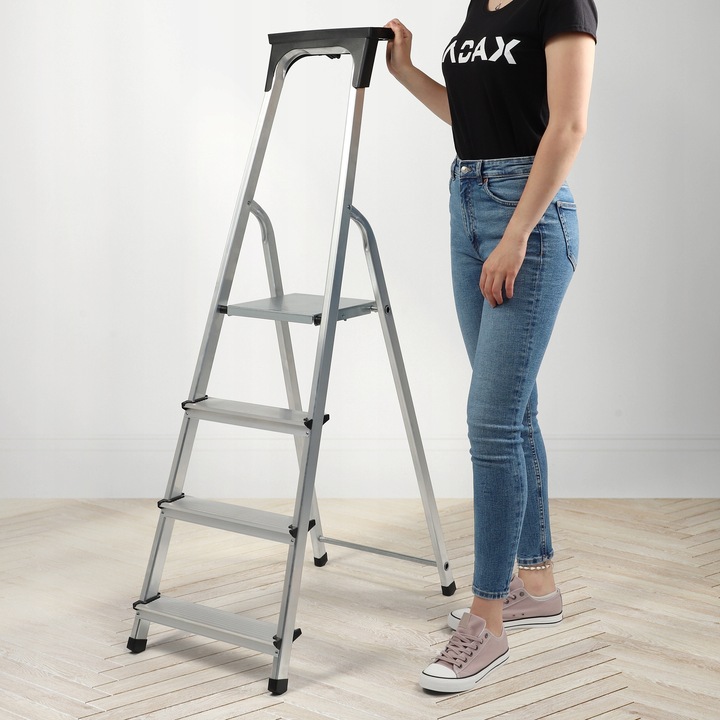 DRABINA ALUMINIOWA DOMOWA 4 STOPNIOWA SKŁADANA PÓŁKA 125kg PRODUKT POLSKI