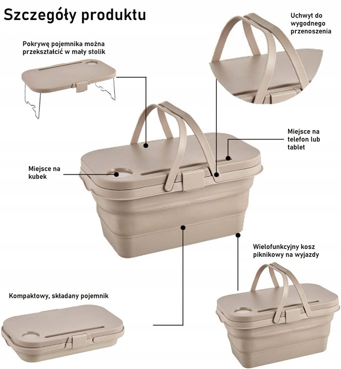 SKŁADANY KOSZ PIKNIKOWY 3W1 PIKNIK FUNKCJA STOLIKA POJEMNIK STOLIK