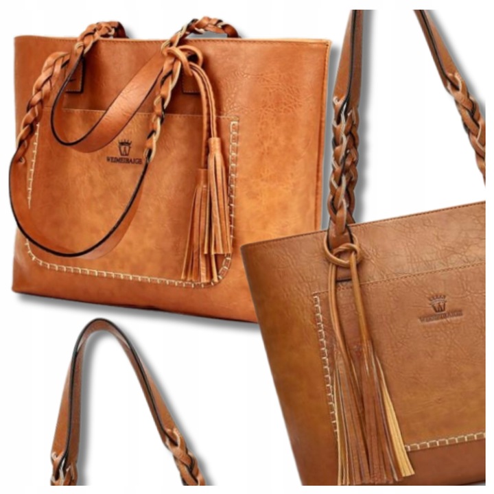 Damska Torebka A4 SHOPPER duża pojemna klasyczna skórzana brązowa eko skóra