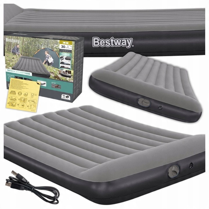 MATERAC DMUCHANY Z POMPKĄ USB ŁÓŻKO DO SPANIA 203 x 152 CM BESTWAY 671BS
