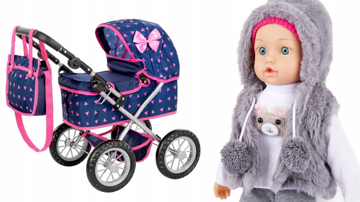 KINDERPLAY WÓZEK DLA LALEK GŁĘBOKI GONDOLA SKŁADANY TORBA + LALKA BOBAS