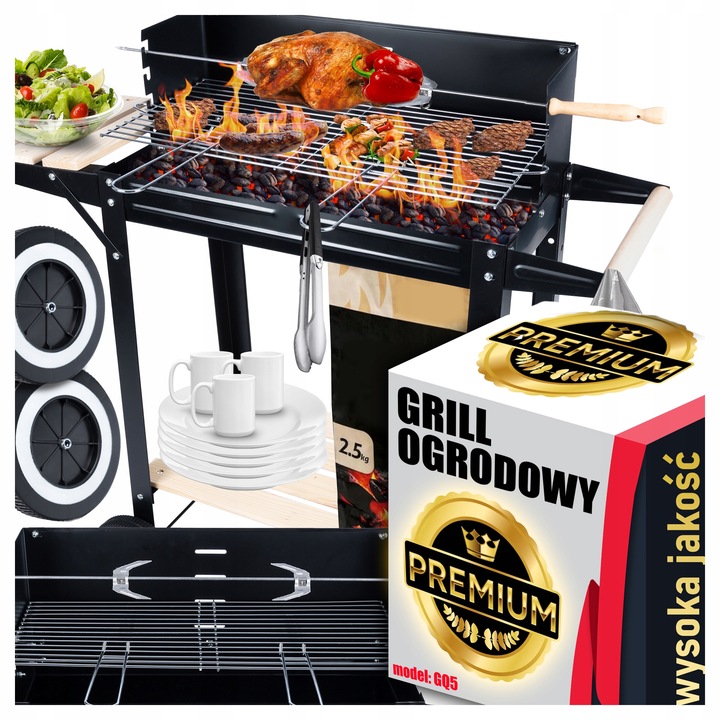GRILL ogrodowy Węglowy na kołach DUŻY Rożen PÓŁKI Gril Regulacja Rusztu
