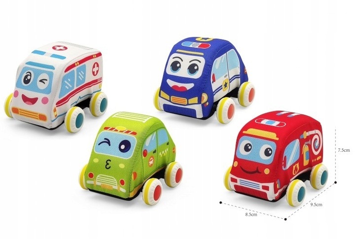 PLUSZOWE MIĘKKIE AUTKA NAPĘD ZESTAW 4 SZTUKI POJAZDY