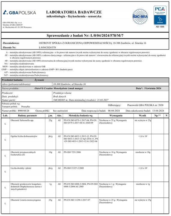 OstroVit Creatine Monohydrate 500 g KREATYNA MONOHYDRAT