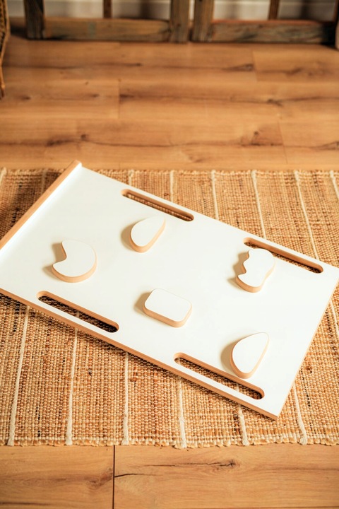 Drewniany Bujak Montessori dziecka +Poduszka Szara +Ścianka +Zjeżdżalnia CE