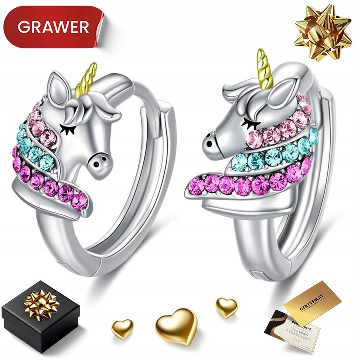 SREBRNE KOLCZYKI DLA DZIEWCZYNKI 925 JEDNOROŻCE ZATRZASK DZIECKA CÓRKI