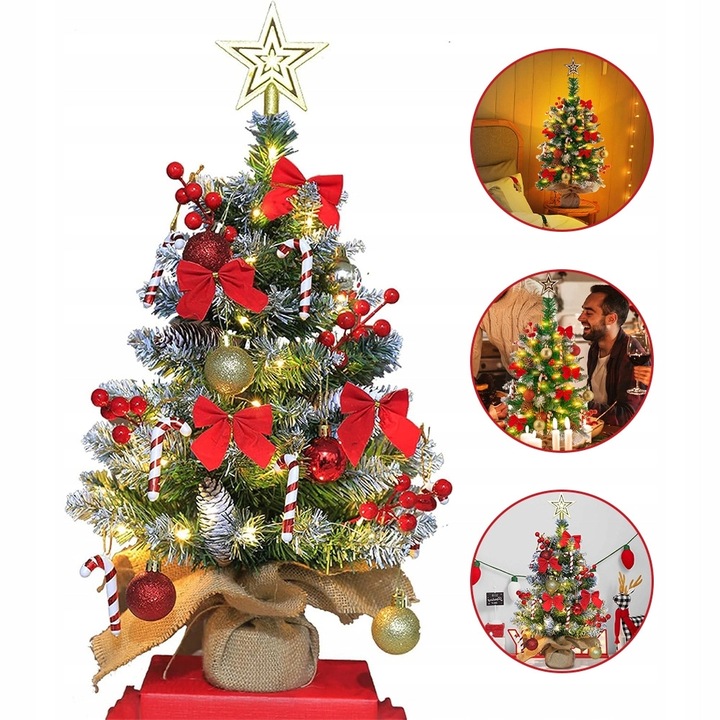 MAŁA CHOINKA NA STÓŁ Z LAMPKAMI I OZDOBAMI 60 CM DO DEKORACJI STOŁU