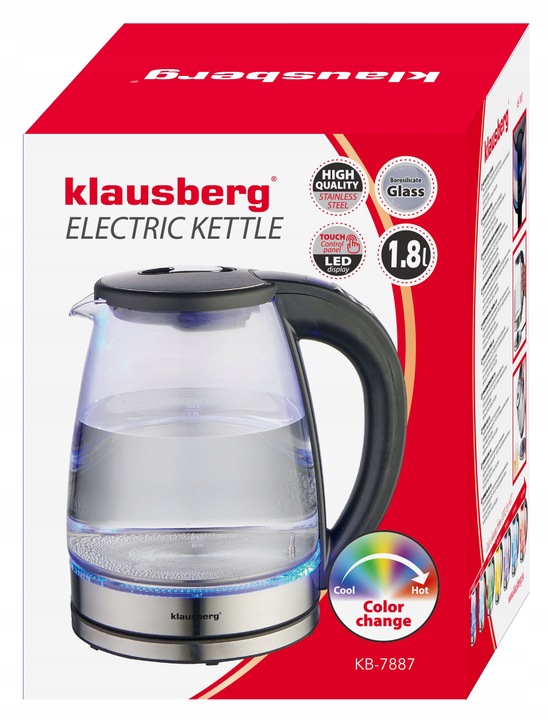 Czajnik elektryczny szklany Regulacja Temp. Klausberg KB-7887 1.8L LED LCD