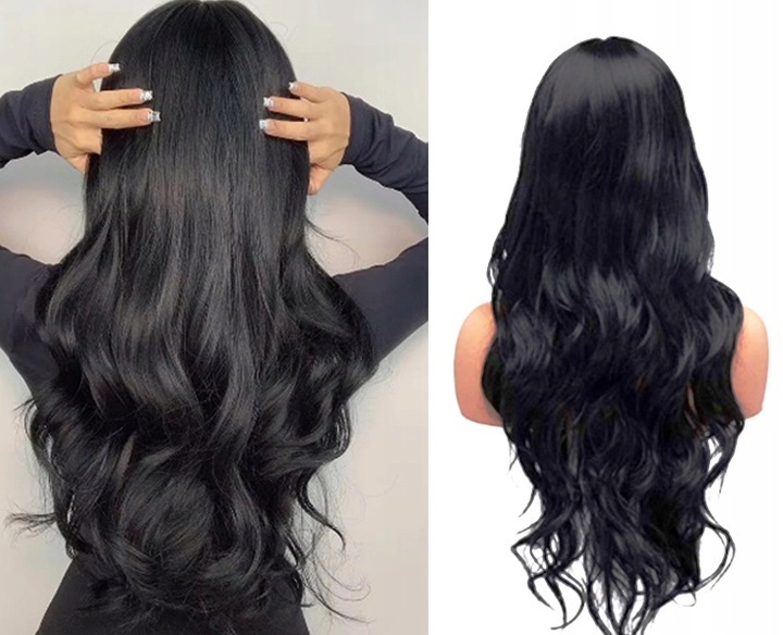 PERUKA DAMSKA WŁOSY DŁUGIE CZARNE FALE SZTUCZNE SYNTETYCZNE 65 CM Z GRZYWKĄ