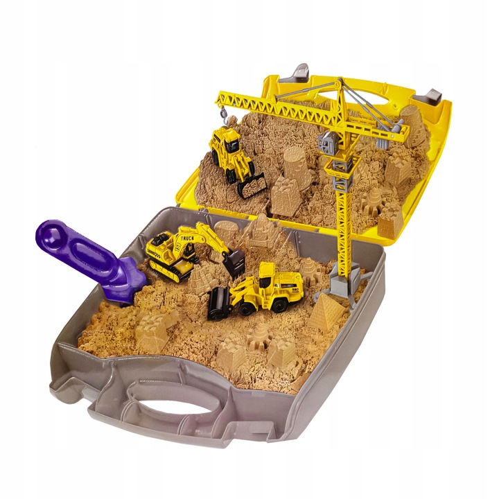 PIASEK KINETYCZNY W WALIZCE DLA DZIECI POJAZDY BUDOWLANE ŻURAW FOREMKI