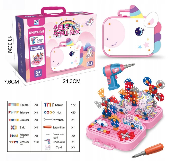 Klocki KONSTRUKCYJNE JEDNOROŻEC do skręcania 3D w walizce dla dzieci