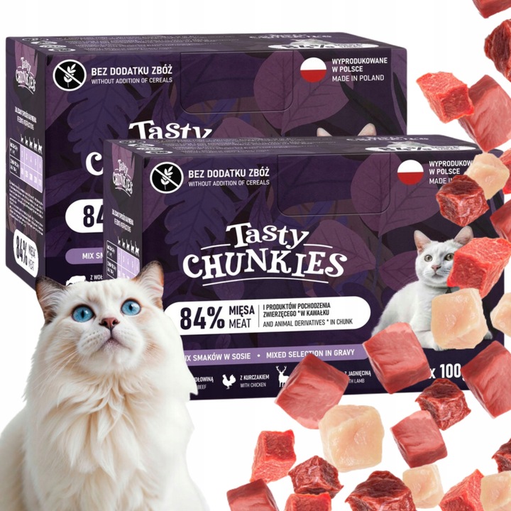 Bezzbożowa Karma dla kota TASTY CHUNKIES MIX SMAKÓW 84% MIĘSA 12+12 GRATIS