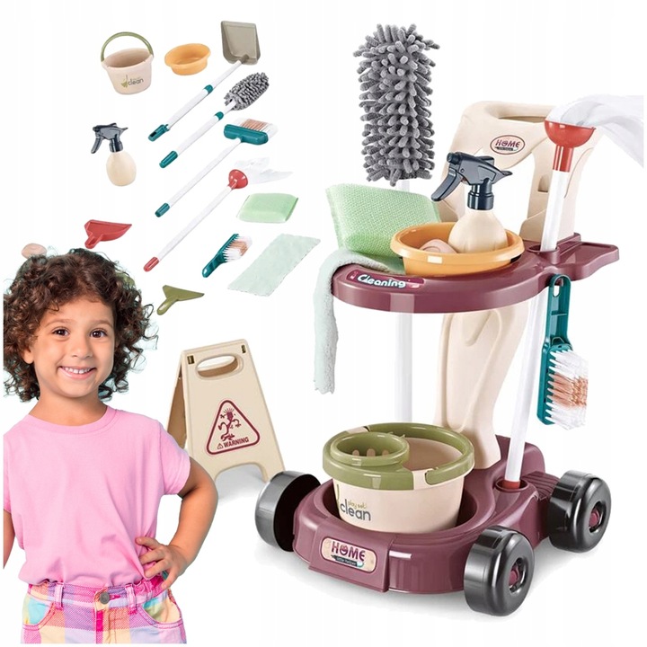 Duży DZIECIĘCY ZESTAW DO SPRZĄTANIA Wózek Mop Miotła Dla dzieci