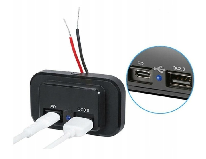 Ładowarka samochodowa do zabudowy 12V USB QC3.0; USB-C PD 3.0