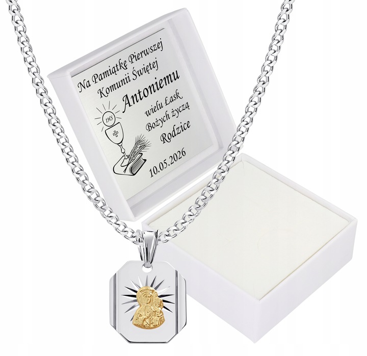 Łańcuszek Medalik Komunijny Srebrny Matka Boska do Komunii Chrztu ze Srebra