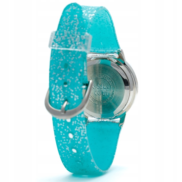 Girls' wrist watch with glitter. Includes exercises for learning the time.