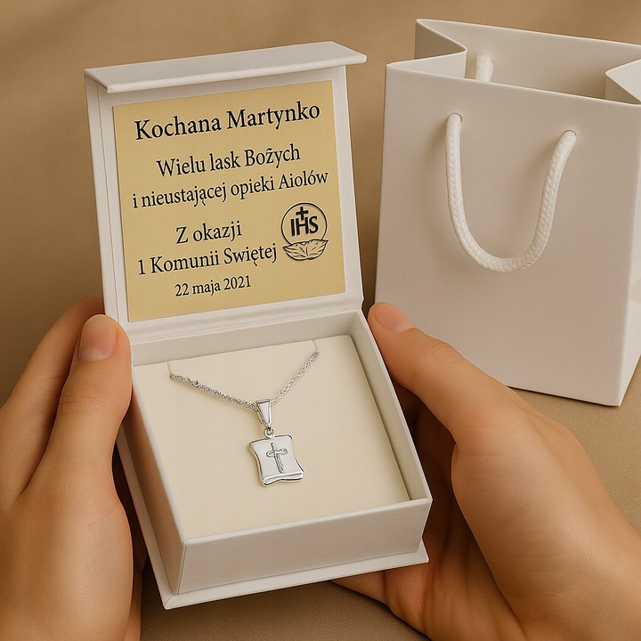 SREBRNY ŁAŃCUSZEK NA KOMUNIE Z MEDALIKIEM PR 925 GRAWER GRATIS KOMUNIJNY
