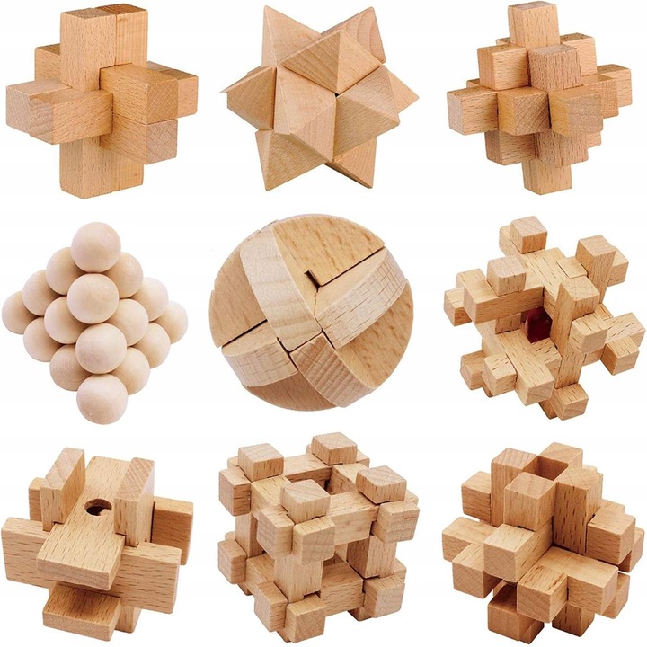 Zestaw Drewnianych klocków 3D Łamigłówek 9w1 gra| Puzzle Logiczne IQ (B017)