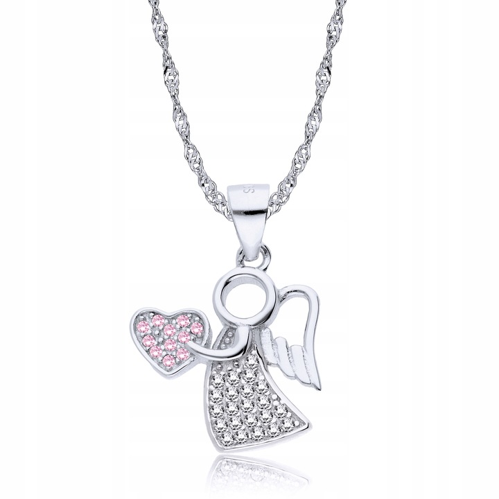 Srebrny Łańcuszek 925 Medalik Aniołek z Sercem Chrzest Grawer